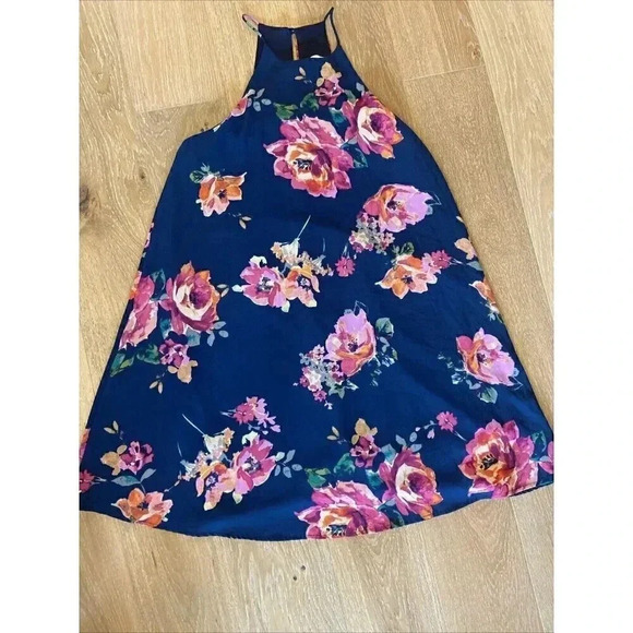 Everly Women's Dress Navy Blue Floral Lined Halter Neck Keyhole Back Size Small - Picture 1 of 6